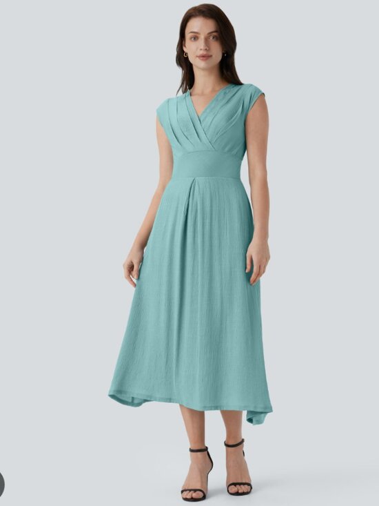 HALARA Dresses & Skirts - V Neck Crossover Cap Sleeve Invisible Zipper Side Pocket Flowy Midi Work Dress
